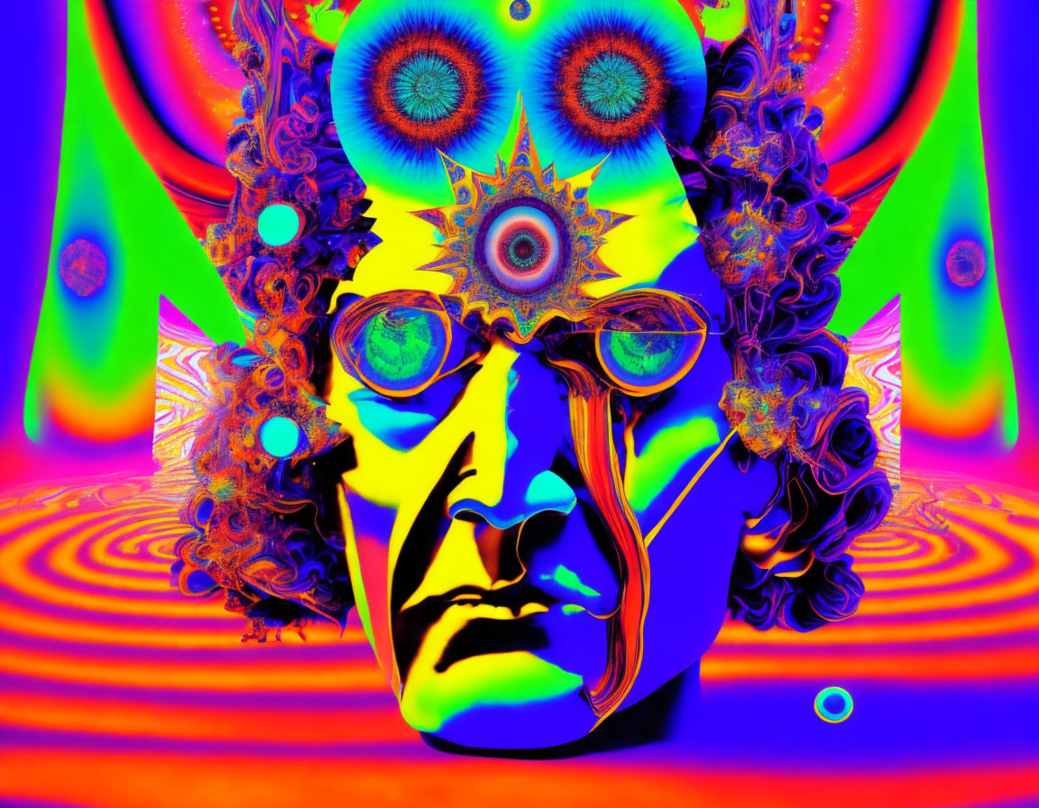 Colorful Psychedelic Digital Art: Surreal Face with Ornate Decorations