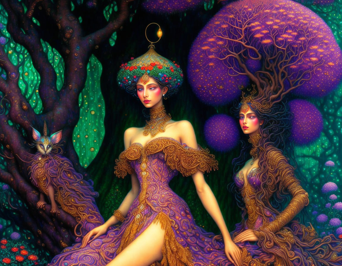 Fantastical artwork featuring stylized women in elaborate gowns and headpieces surrounded by vibrant trees and