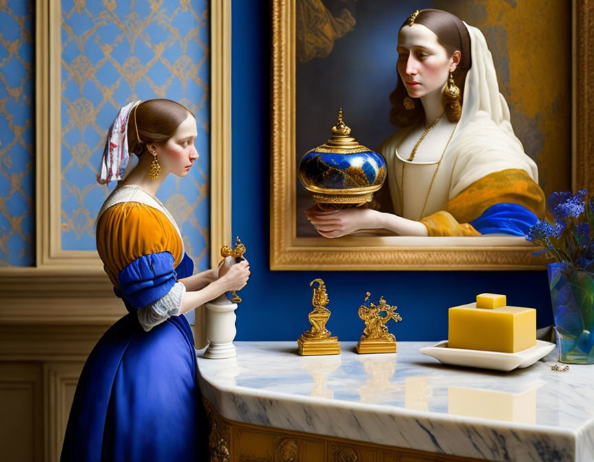 Woman in Blue Dress with Golden Vessel and Mirror Reflection