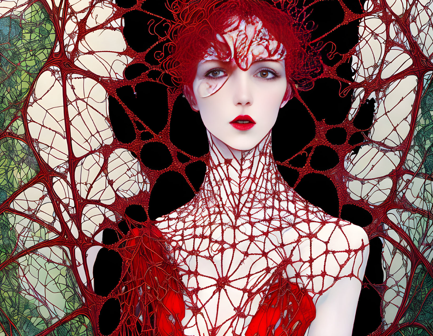 Digital Artwork: Woman with Alabaster Skin and Red Hair on Green Filigree Background