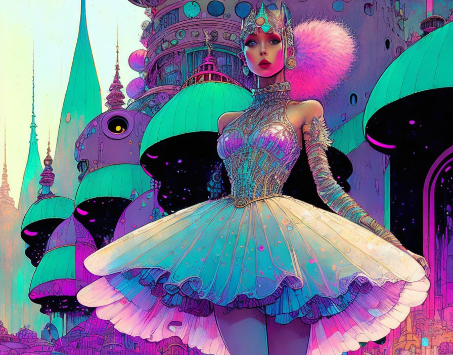 Illustration of woman in ornate costume against futuristic cityscape