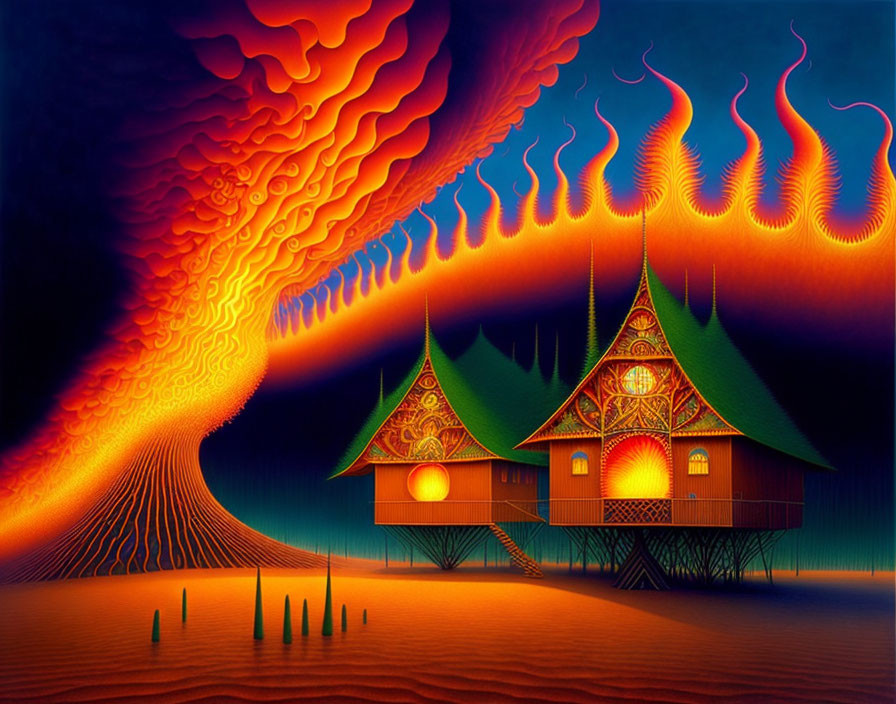 Vibrant surreal painting: stylized houses, orange light, fiery sky