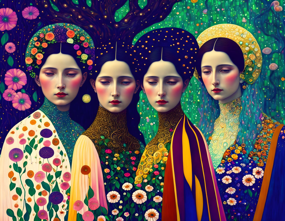 Stylized women with floral designs in Klimt-inspired art.