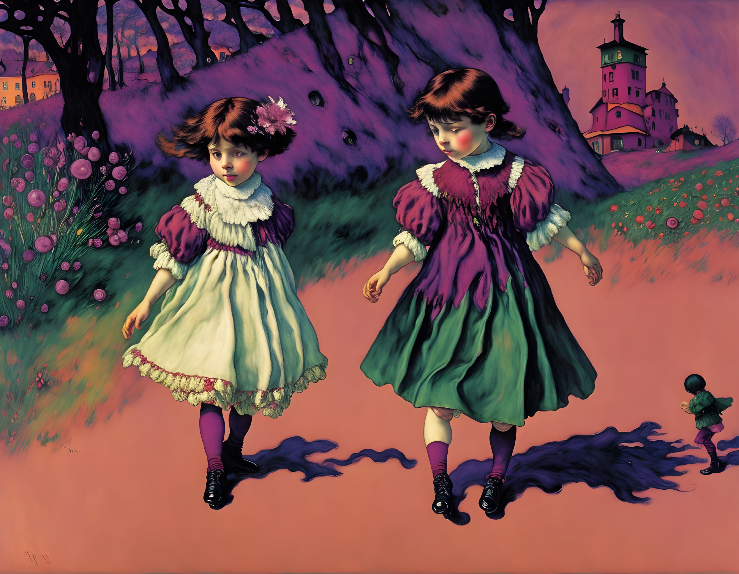 Vintage dresses: Two girls on colorful, stylized landscape