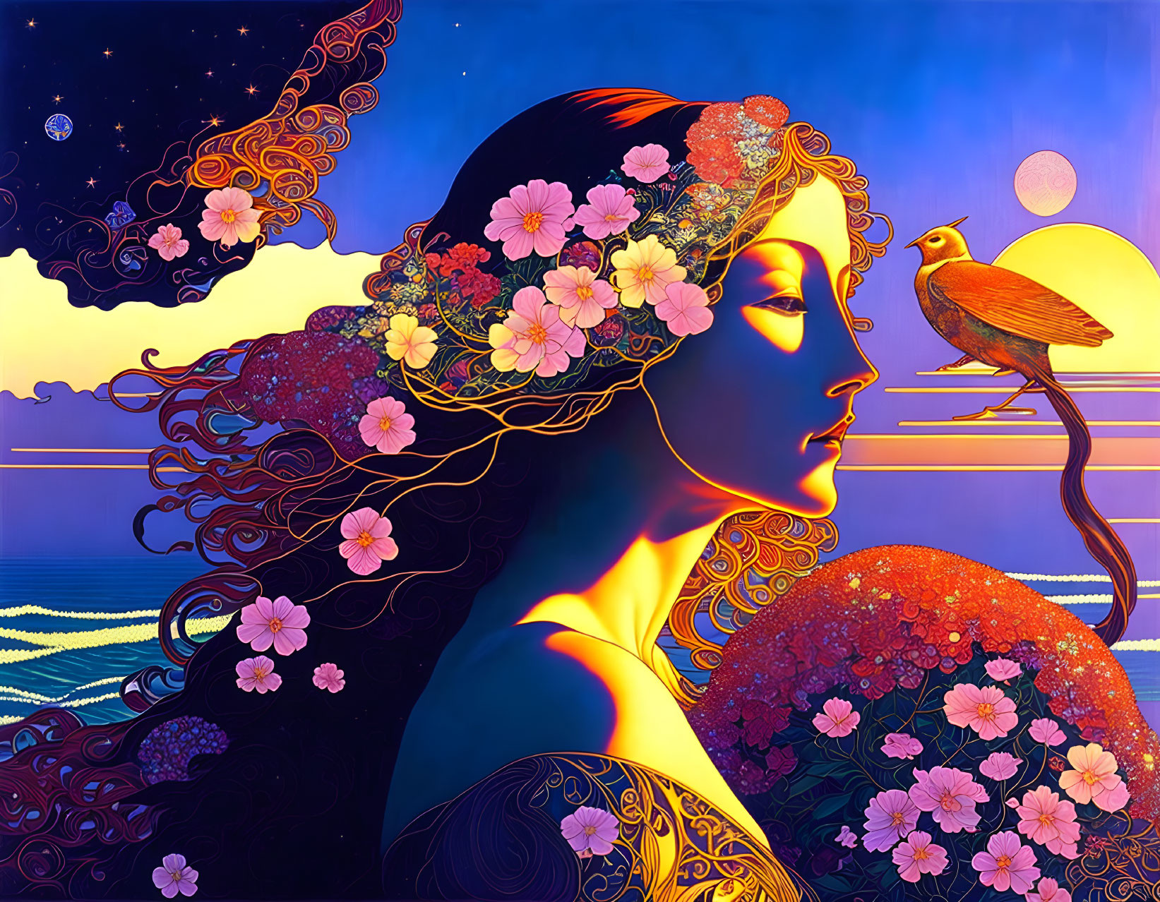 Colorful woman with floral crown and bird in fantasy sunset scene