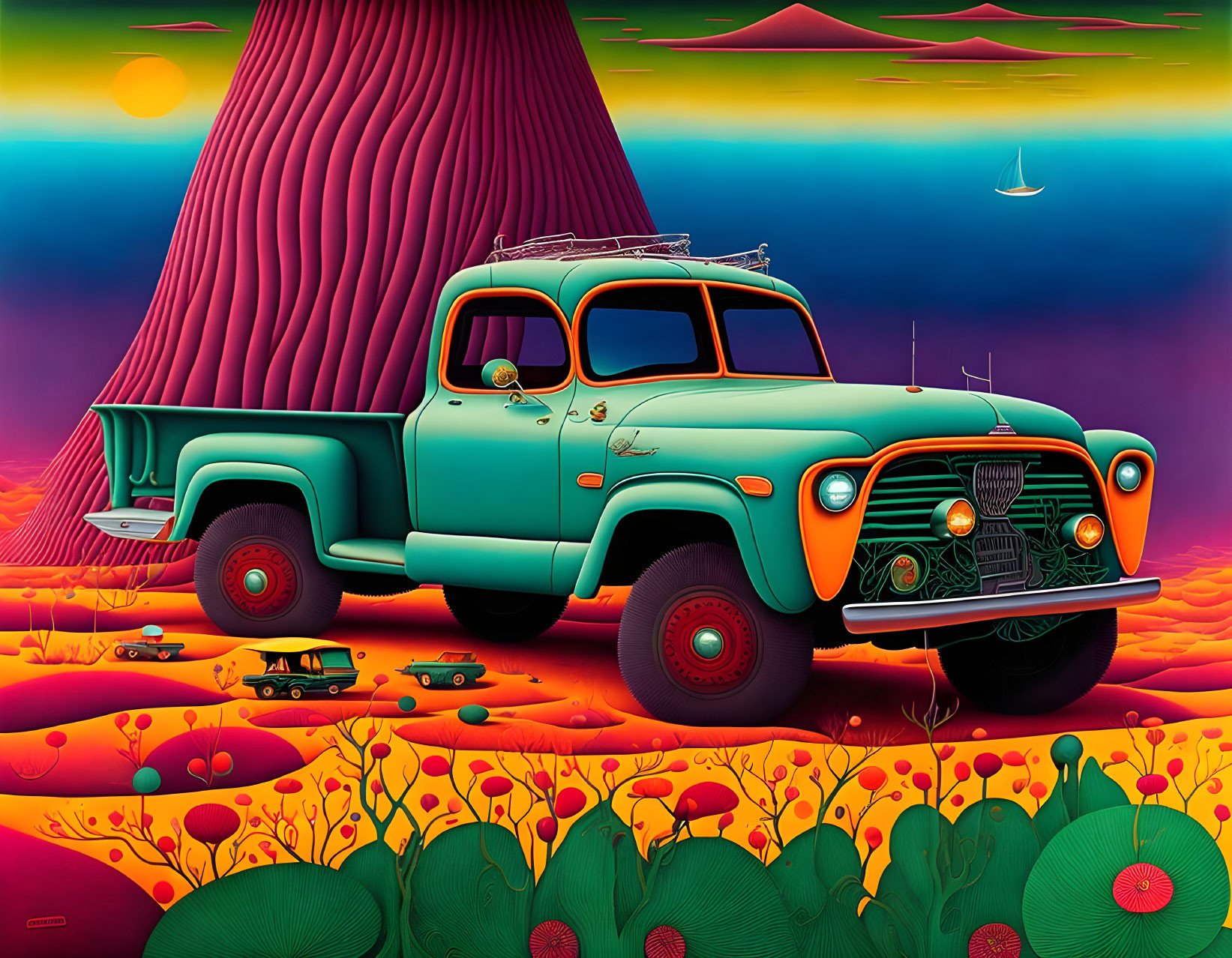 Colorful Surrealist Art: Teal Vintage Truck on Psychedelic Landscape