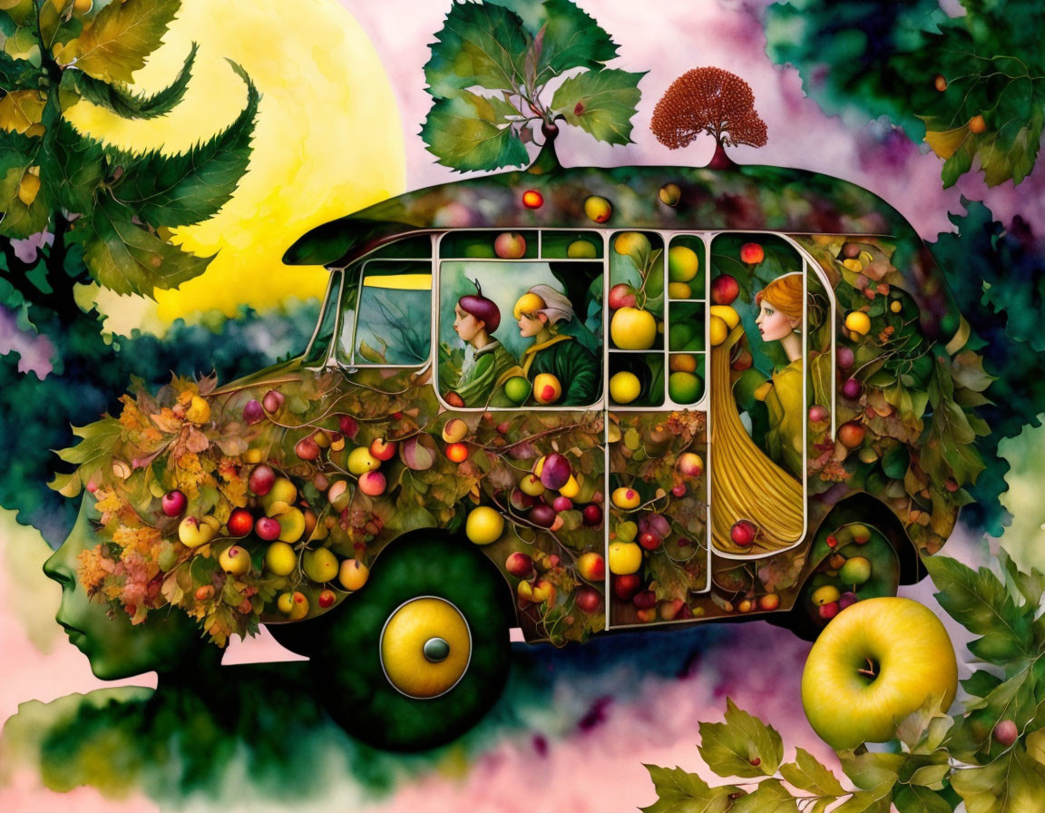 Colorful painting of a fruit-filled bus with whimsical figures in a vibrant setting