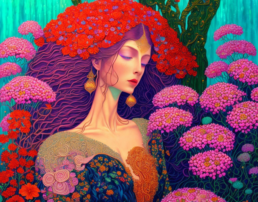 Illustration of Woman with Red Floral Hair and Gold Earrings surrounded by Pink Flowers