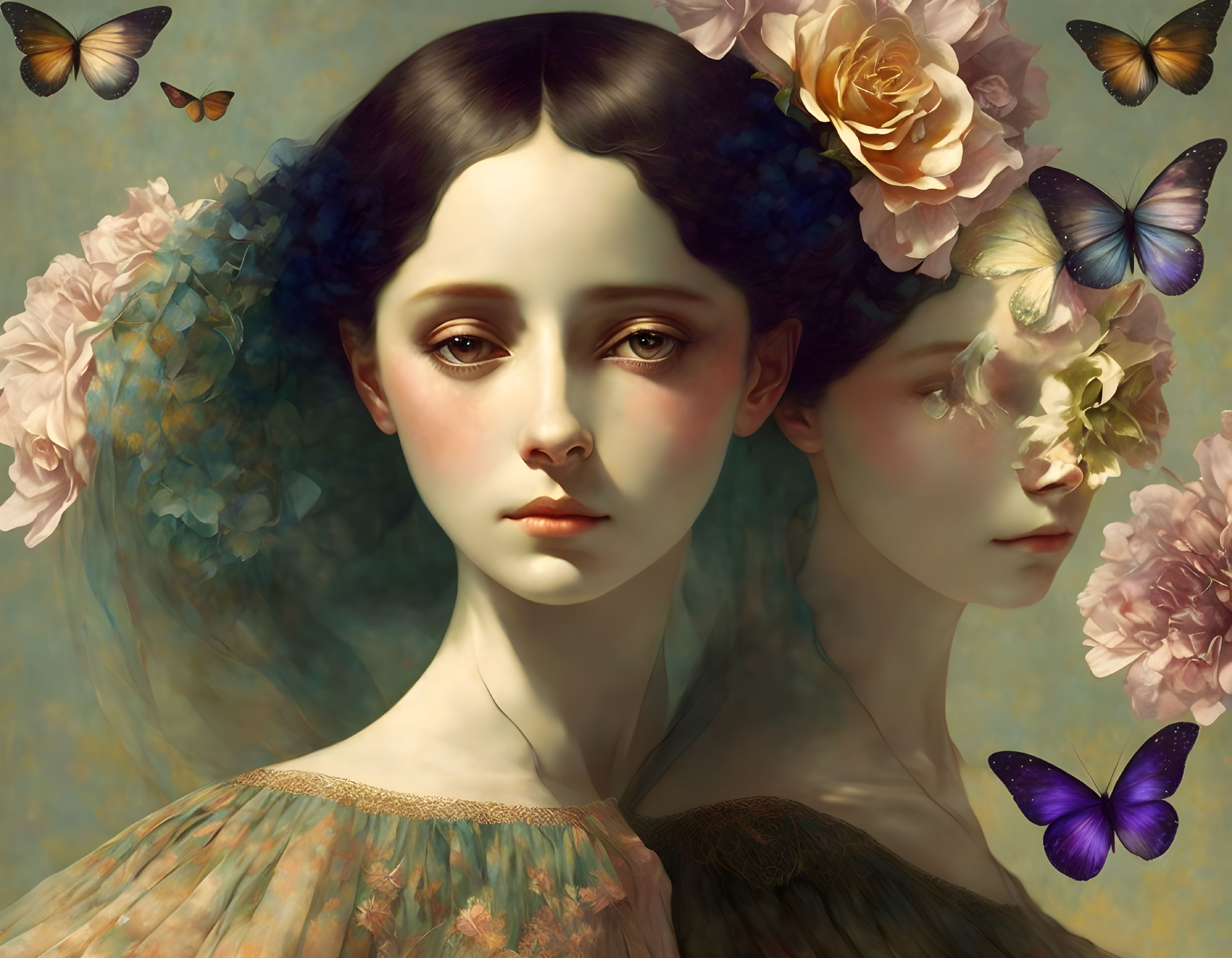 Digital artwork: Woman with mirrored image, flowers, and butterflies in vintage ethereal style