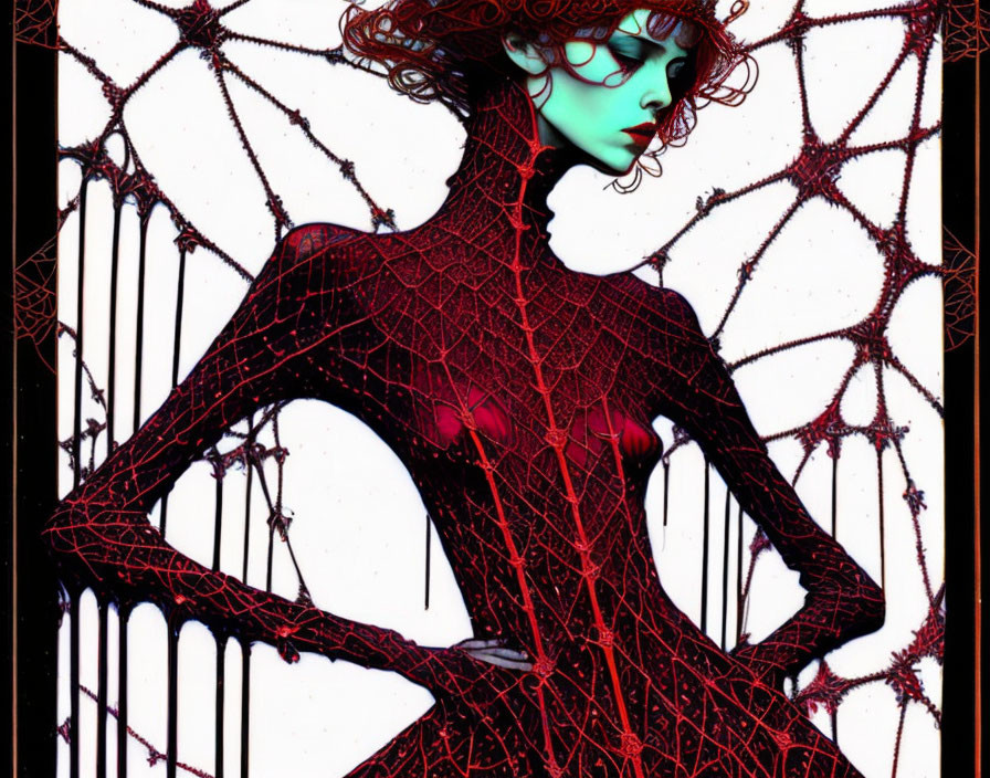 Stylized red wire female figure on black background with web patterns