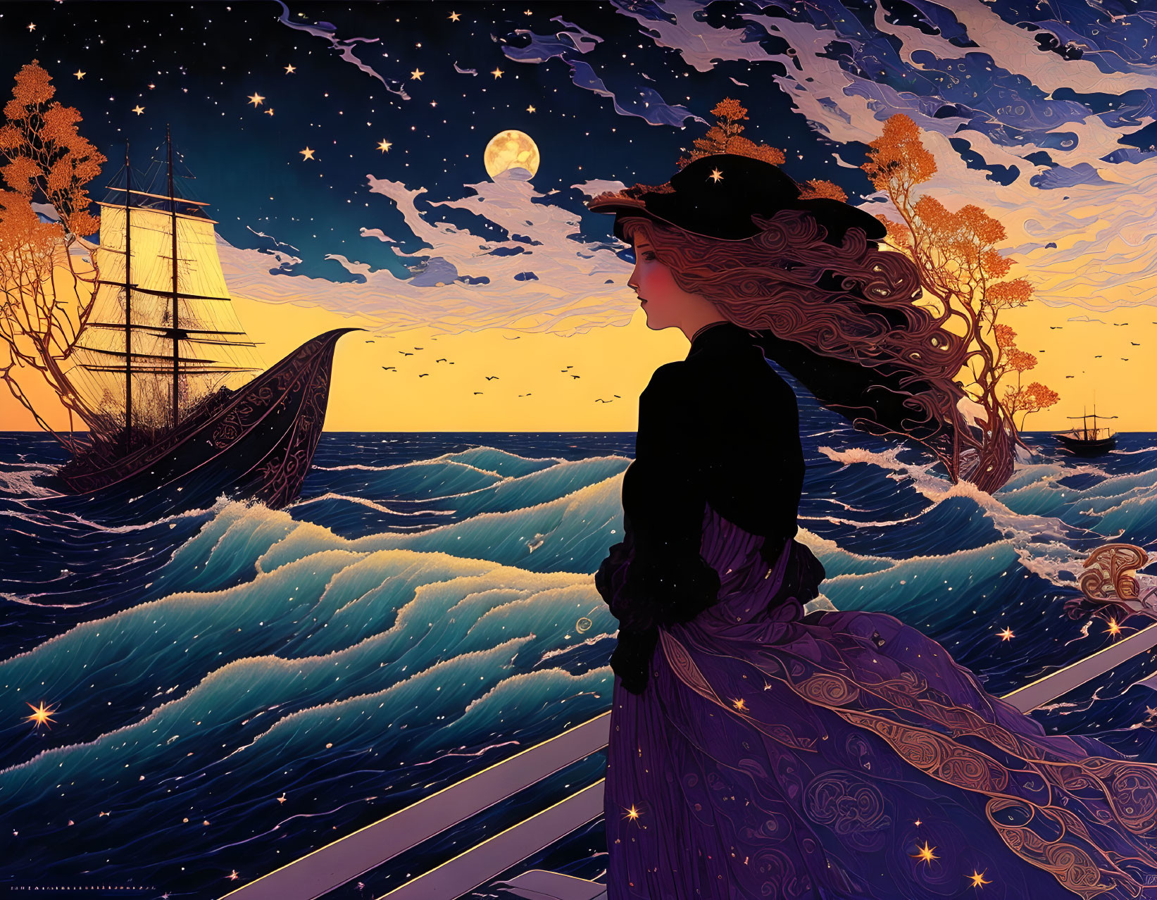 Illustrated woman in star-patterned dress admires sailing ship under moonlit sky