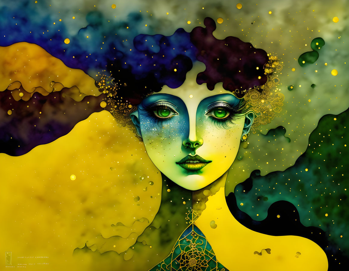 Surreal woman's face in vibrant yellow and green hues with golden patterns on cosmic backdrop