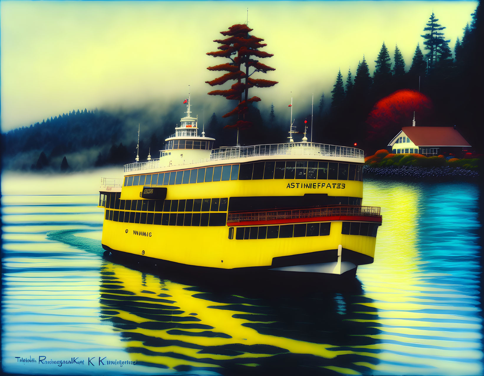 Yellow ferry on calm water with foggy shoreline, lighthouse, and colorful sky