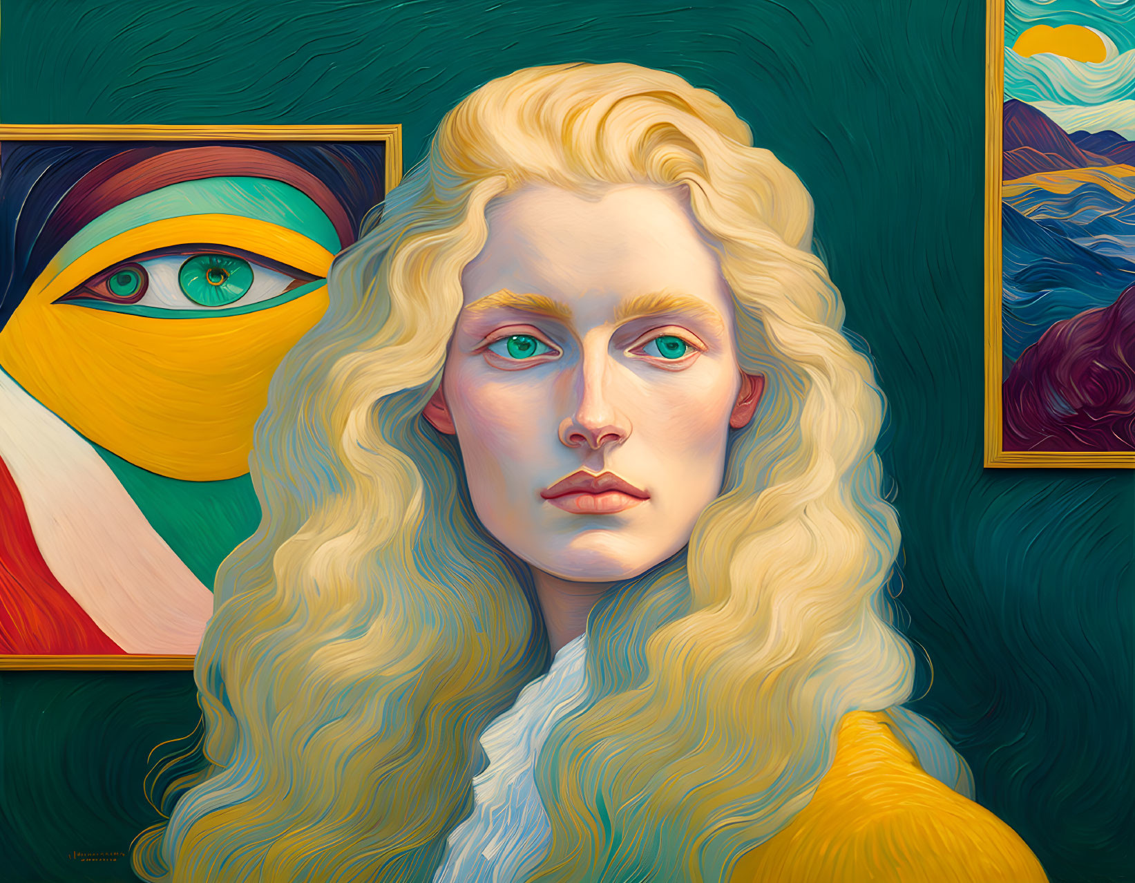 Surreal portrait with classical figure and blonde hair in abstract setting