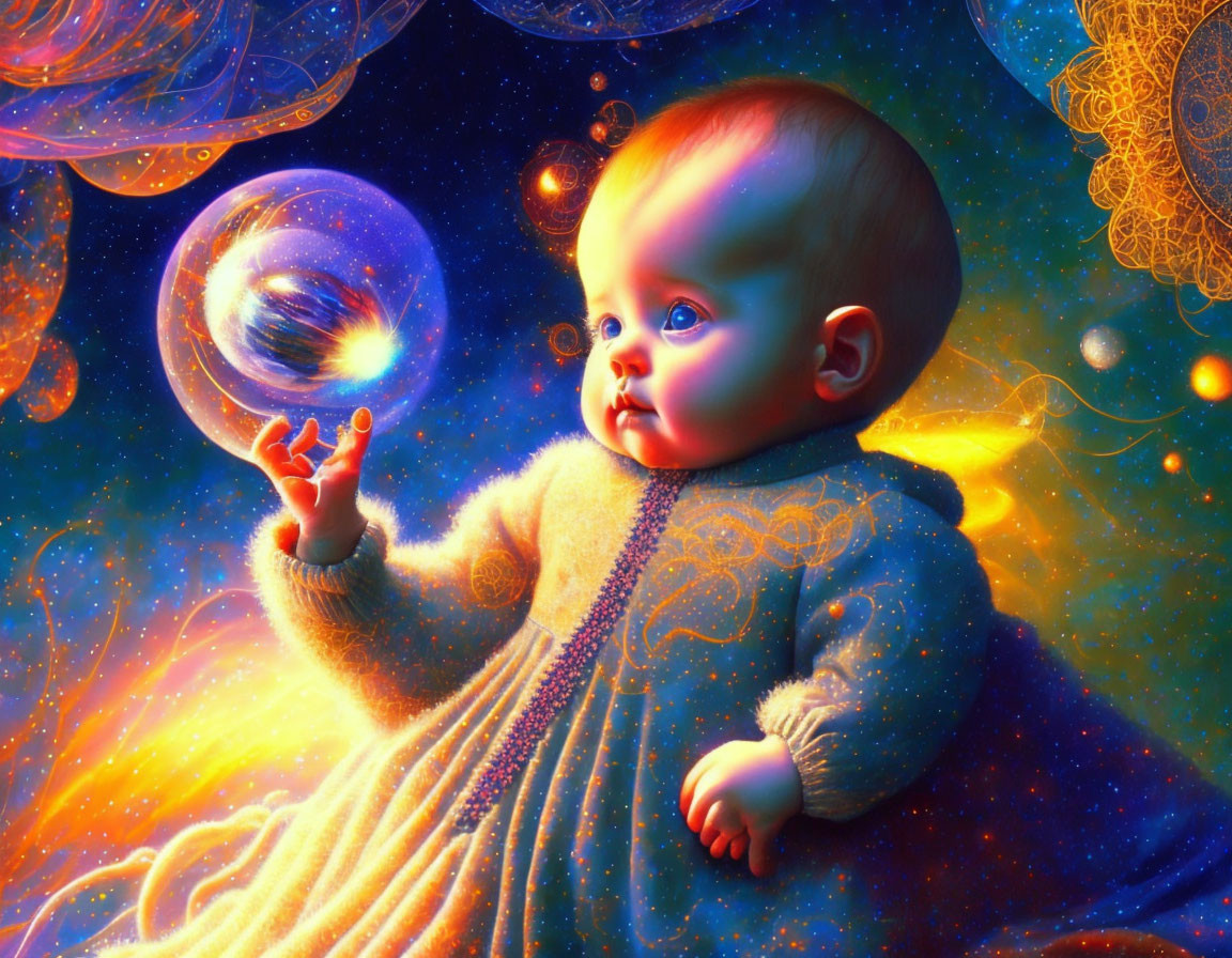 Infant gazes at glowing bubble in cosmic scene