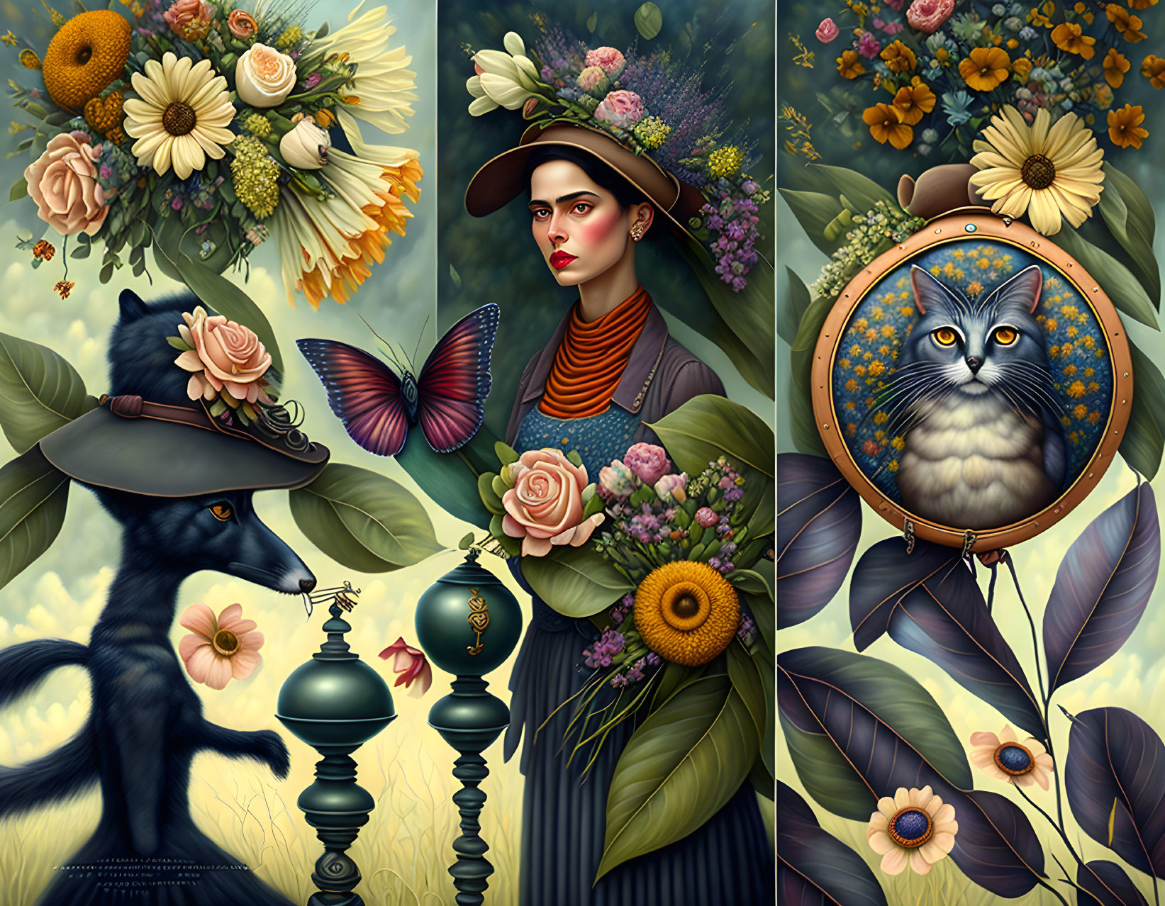 Triptych of Woman, Cat, Owl, Flowers, and Hot Air Balloon