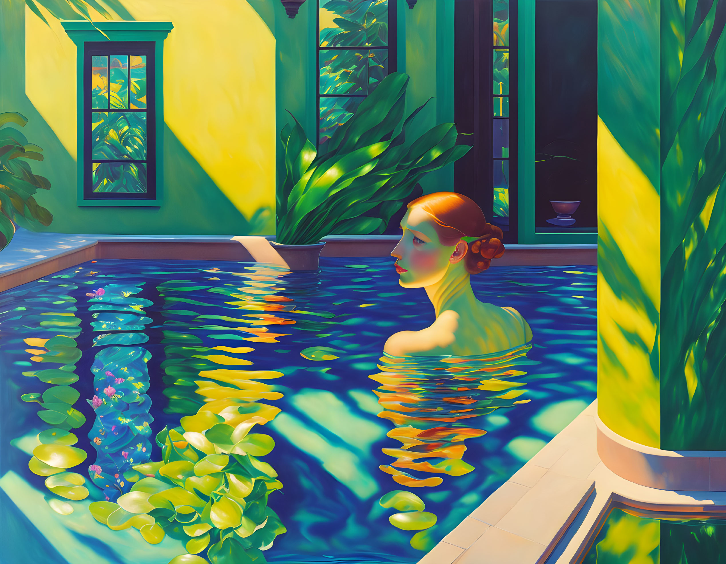 Serene woman swimming in pool amidst lush greenery and yellow walls