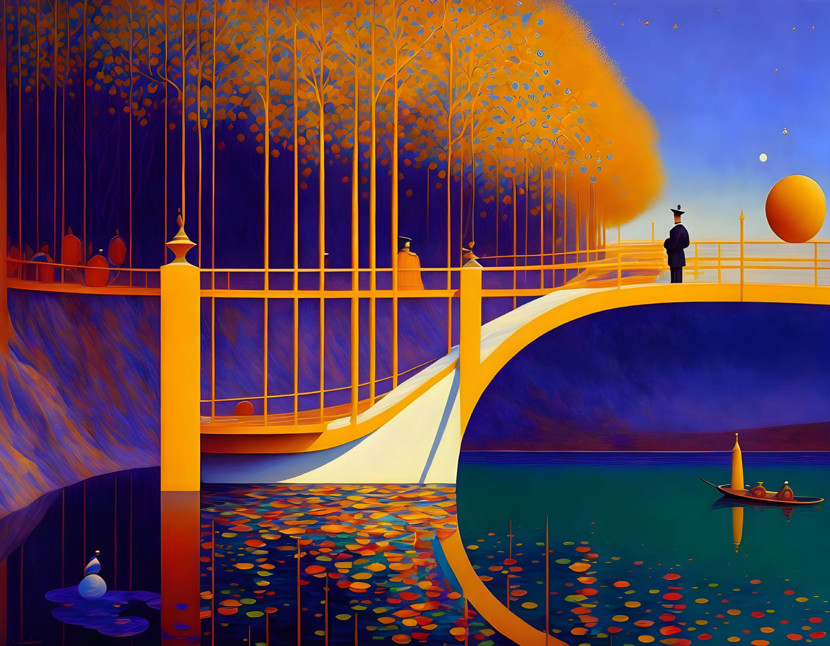 Colorful painting of people on ornate bridge over water with lily pads