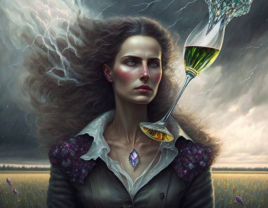 Surreal portrait of woman with flowing hair and champagne glass against stormy field.