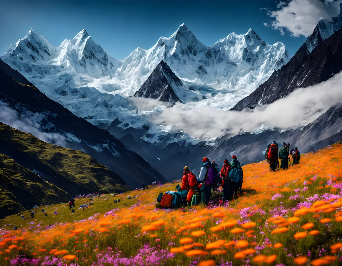 Hikers resting in vibrant orange flower field with snow-capped mountains