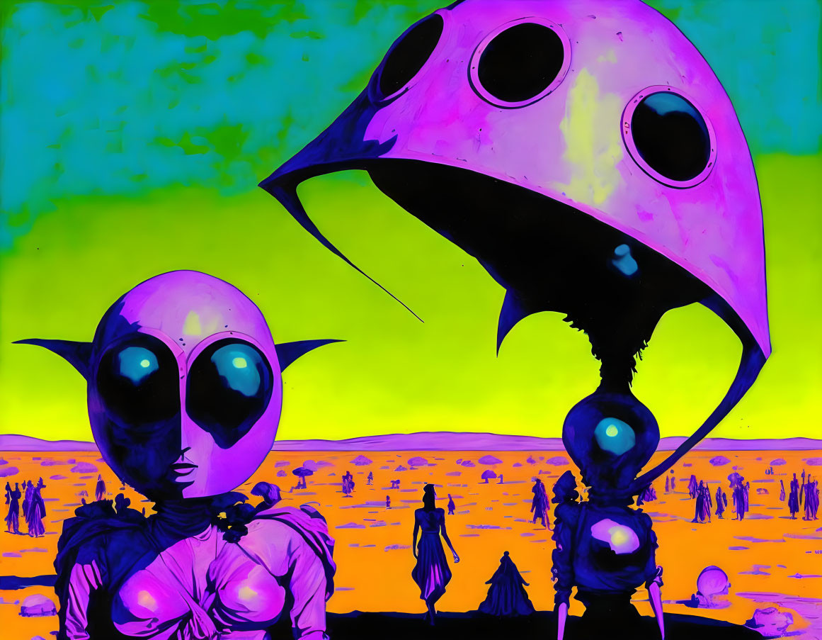 Vibrant alien artwork with spaceship and humanoid figures