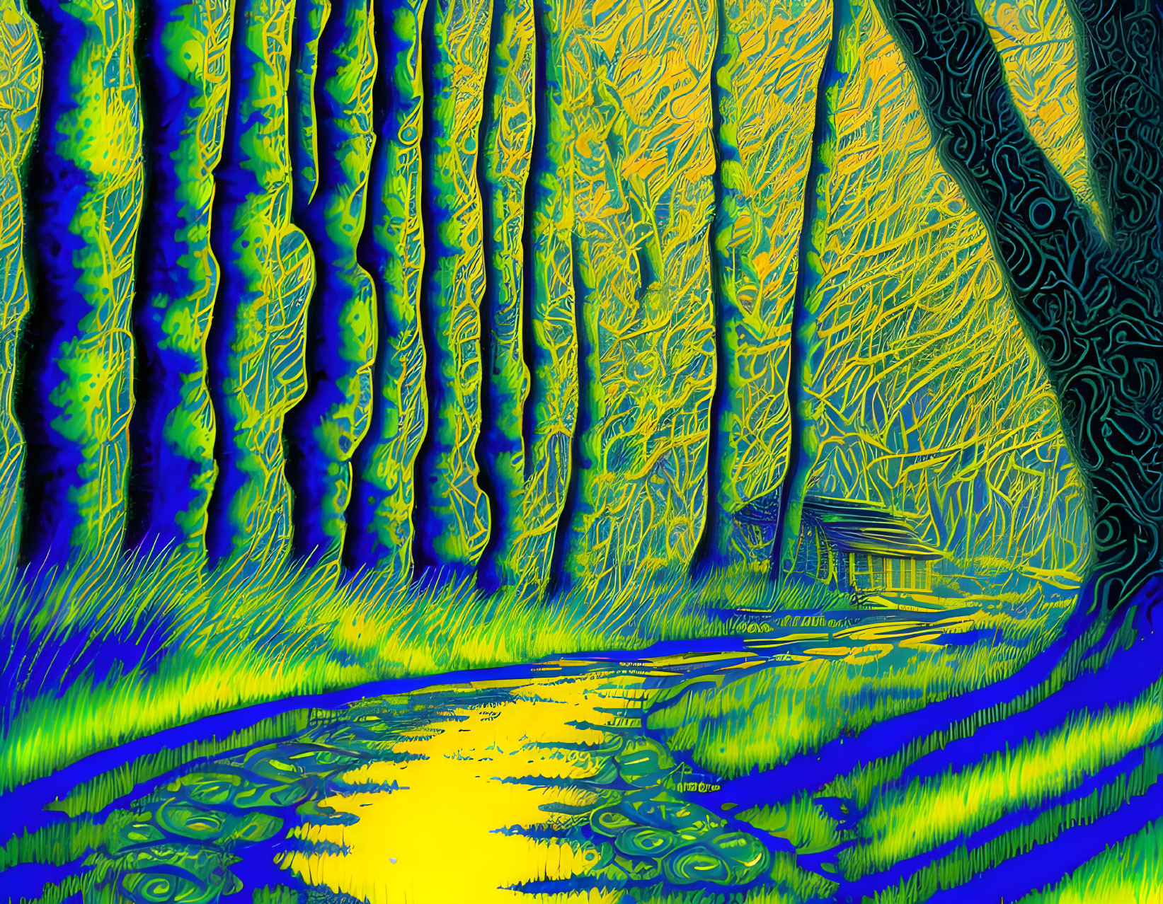 Psychedelic forest digital art with twisted trees in yellow-blue palette