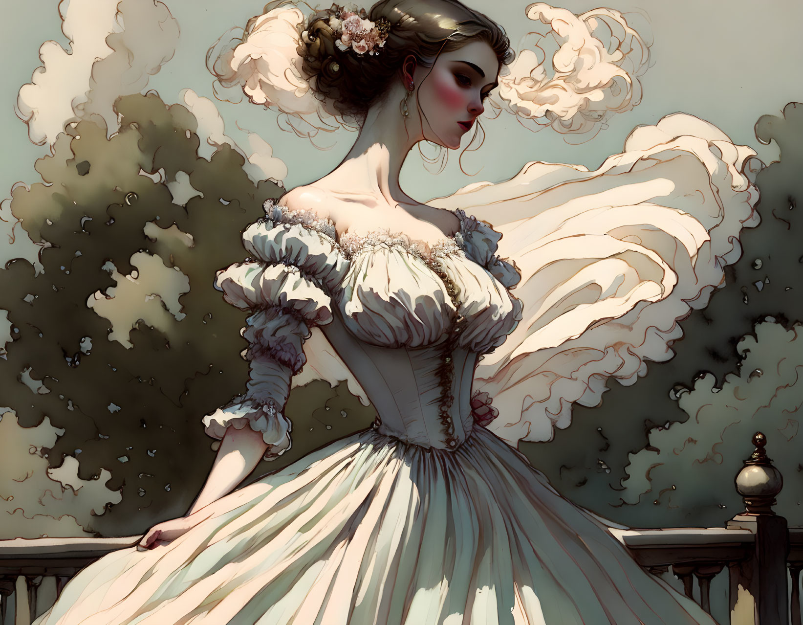 Vintage dress woman on balcony with dramatic clouds