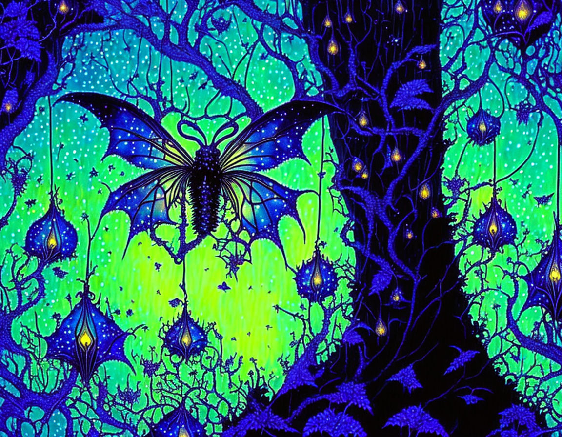 Vivid Blue Butterfly in Glowing Fantasy Forest