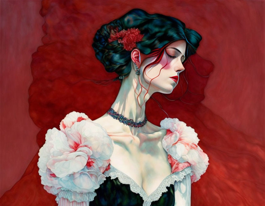 Portrait of woman with red flower, ruffled sleeves, black corset, and melancholic look