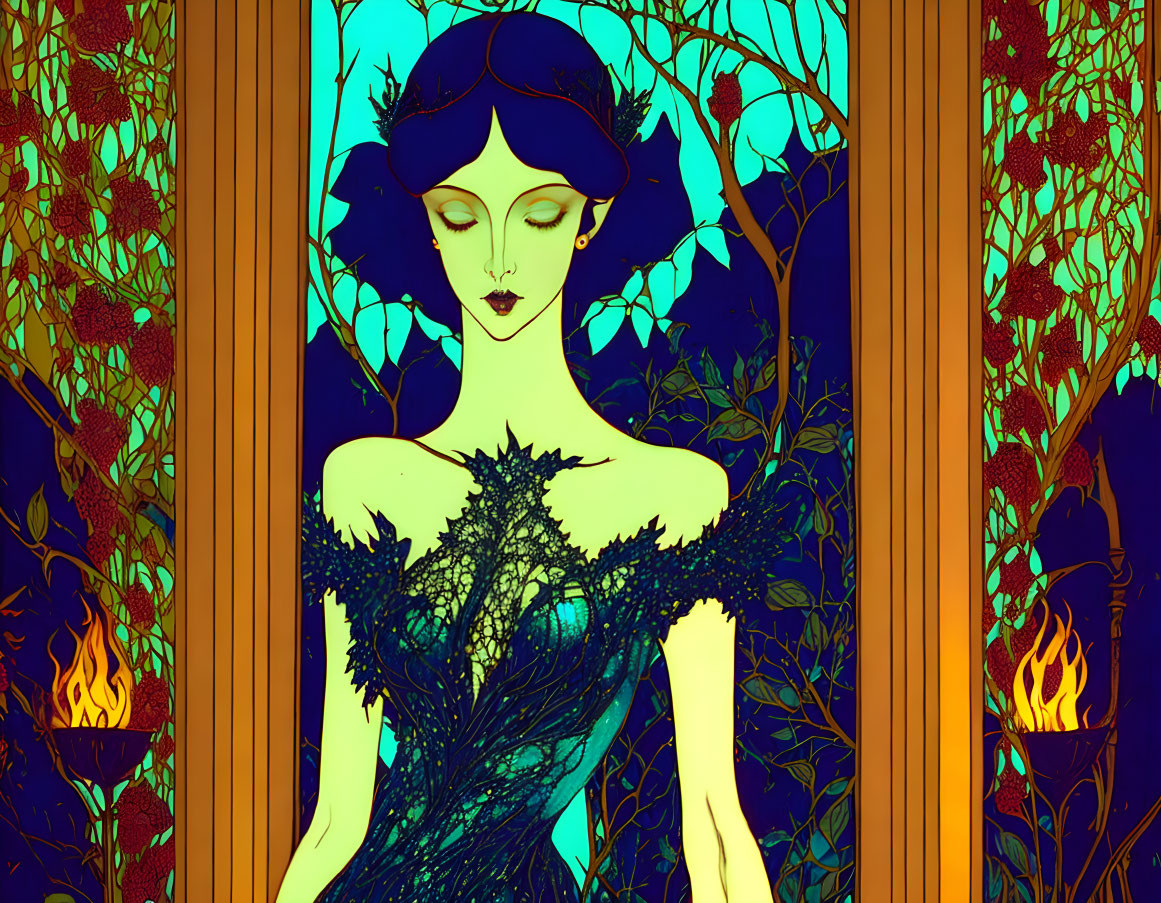 Blue-skinned woman in dark dress surrounded by Art Nouveau trees and torches