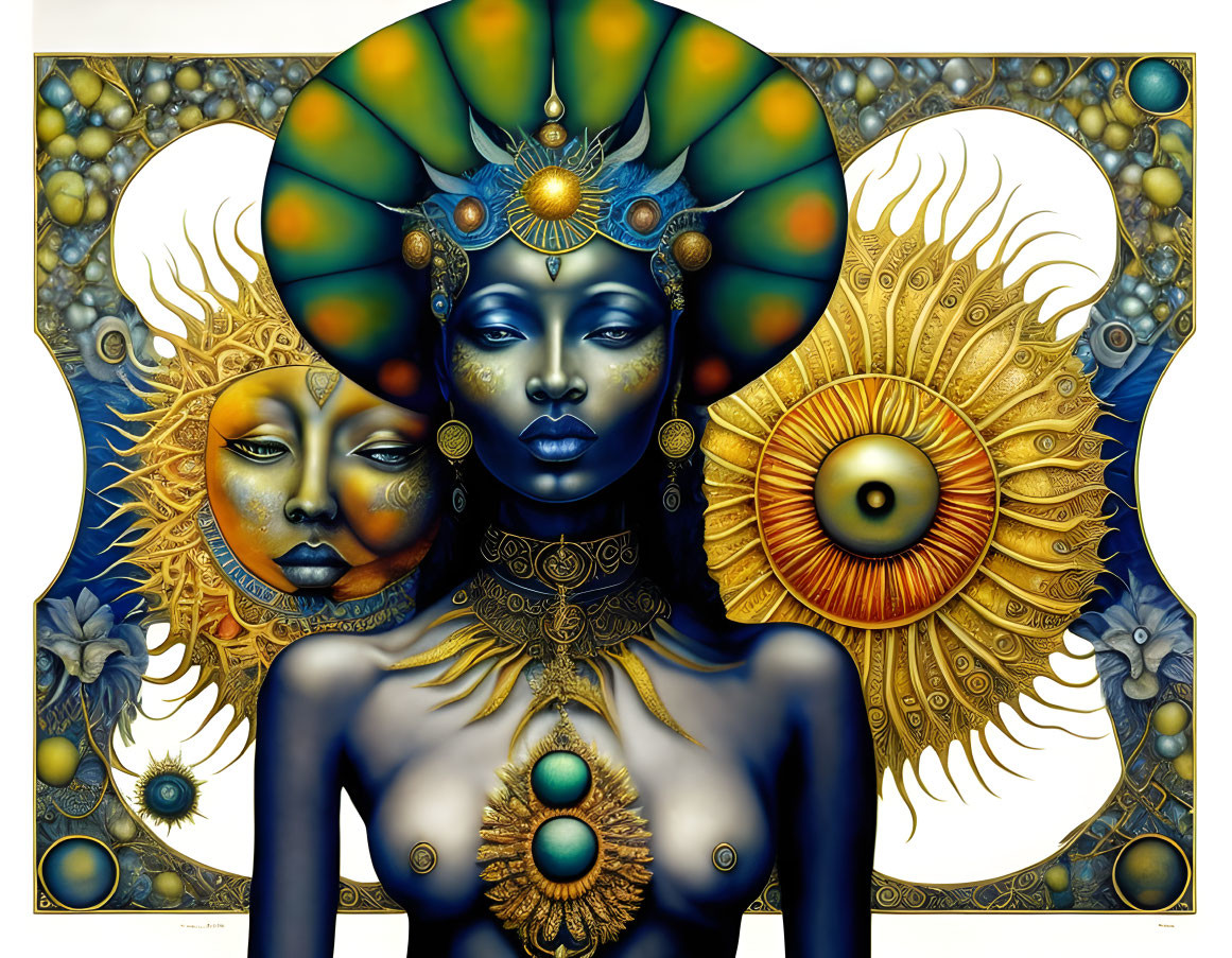 Colorful illustration of central figure with blue skin and golden headgear, surrounded by sun and moon symbols