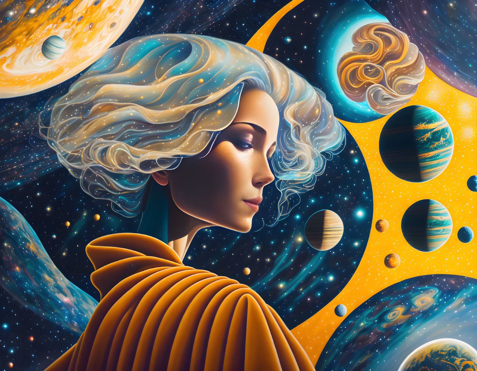 Illustration of woman blending into cosmic backdrop with planets and stars