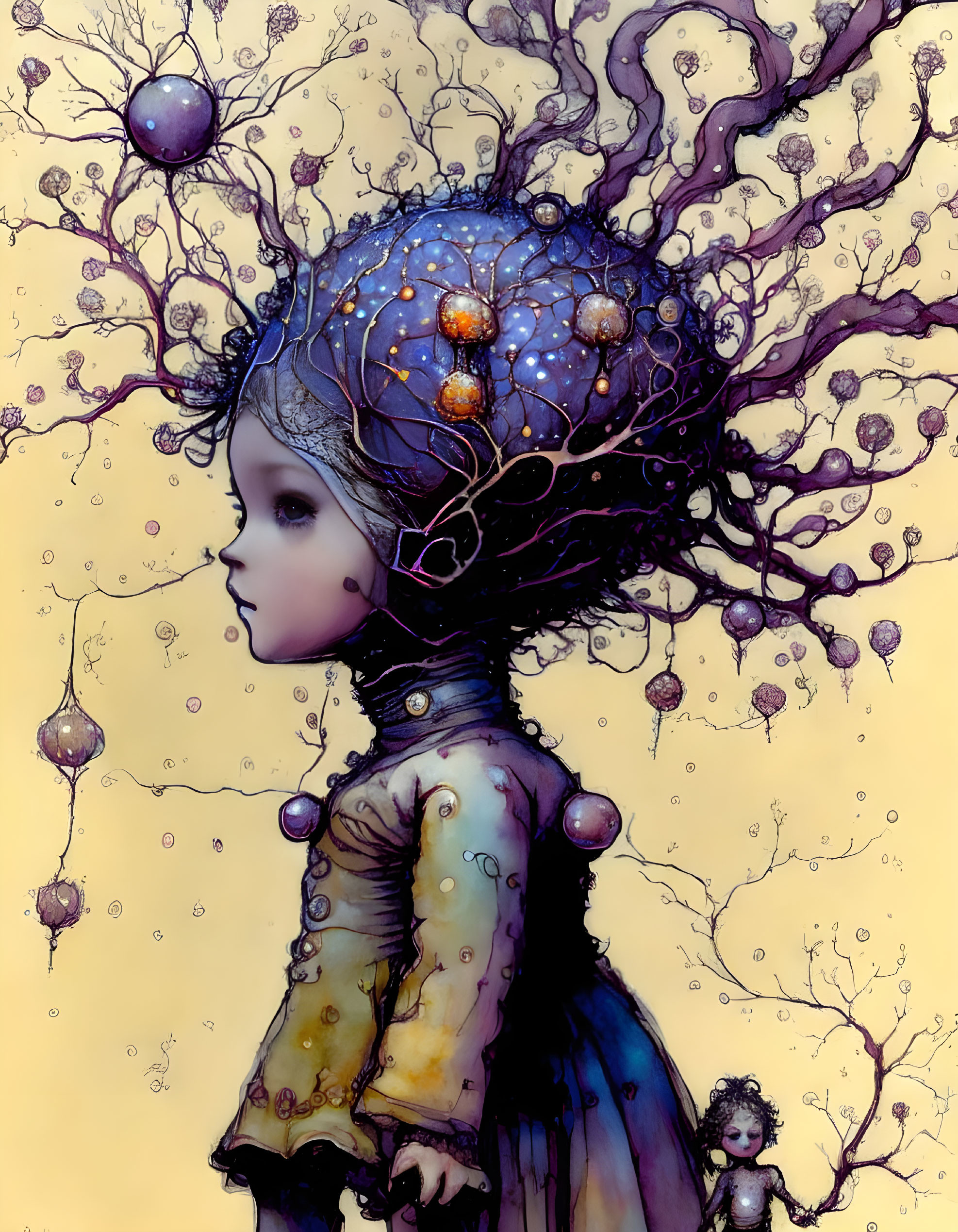 Girl with Tree-Like Headdress and Orbs on Yellow Background