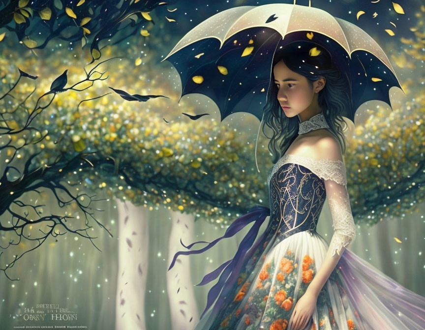 Woman in vintage dress with umbrella in magical forest of golden leaves.