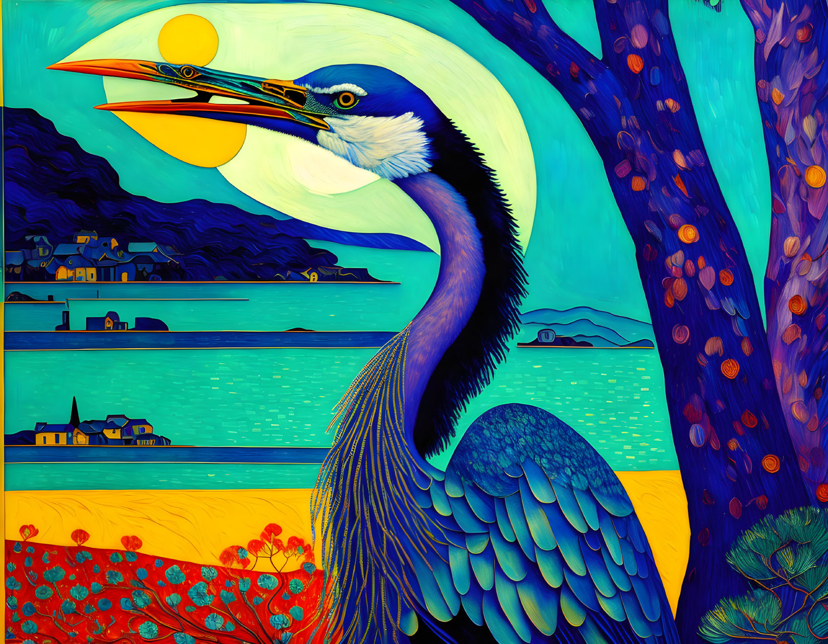 Colorful Heron Artwork in Yellow Fields and Coastal Village