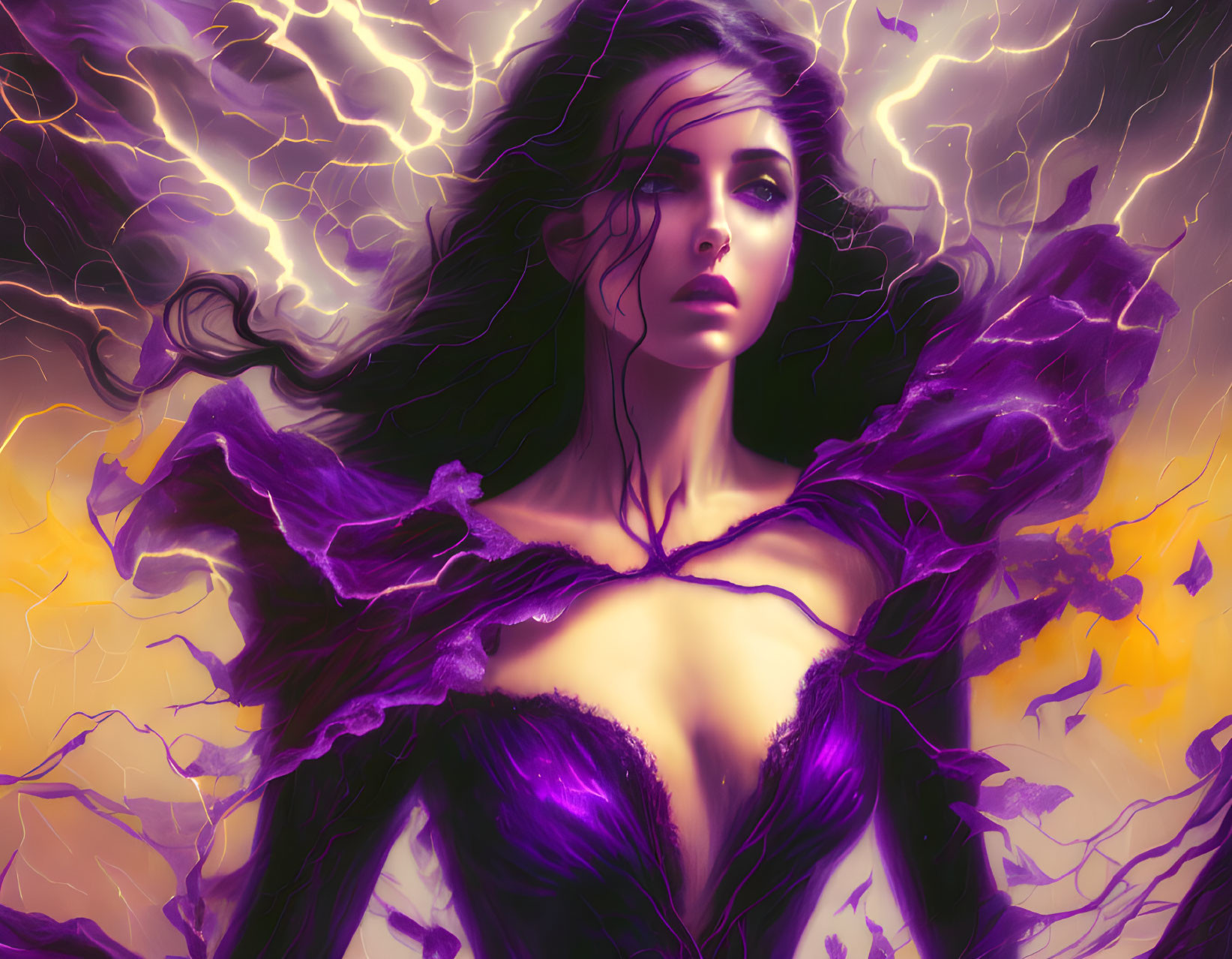 Digital Artwork: Woman with Flowing Hair and Purple Lightning