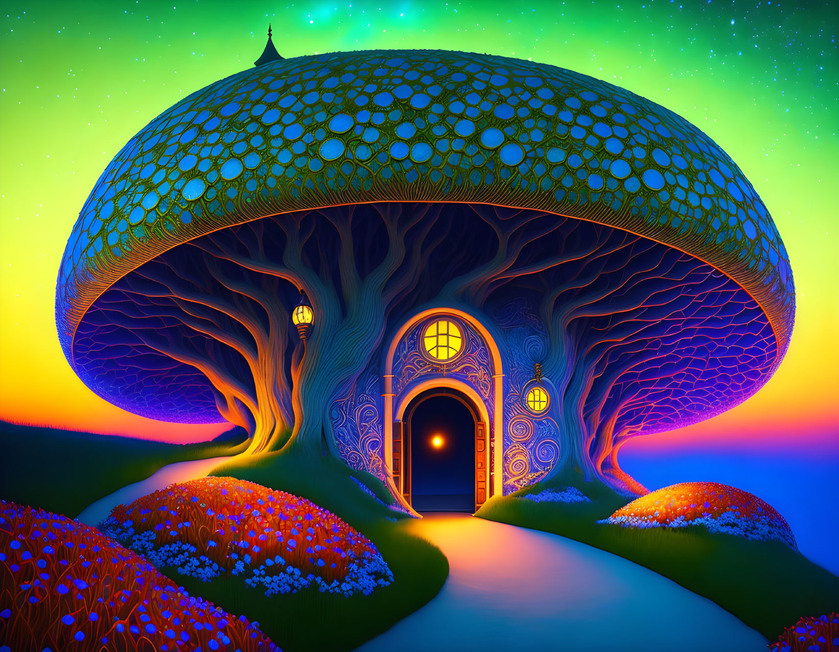 Fantasy illustration: large mushroom with door and windows under starry night sky transitioning to dawn