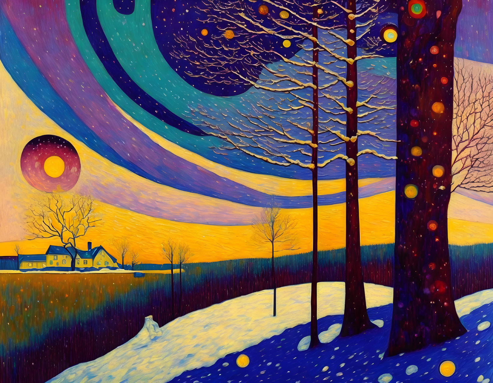 Winter Twilight Painting: Starry Sky, Barren Trees, Snow Field, White Dog & Warm-l