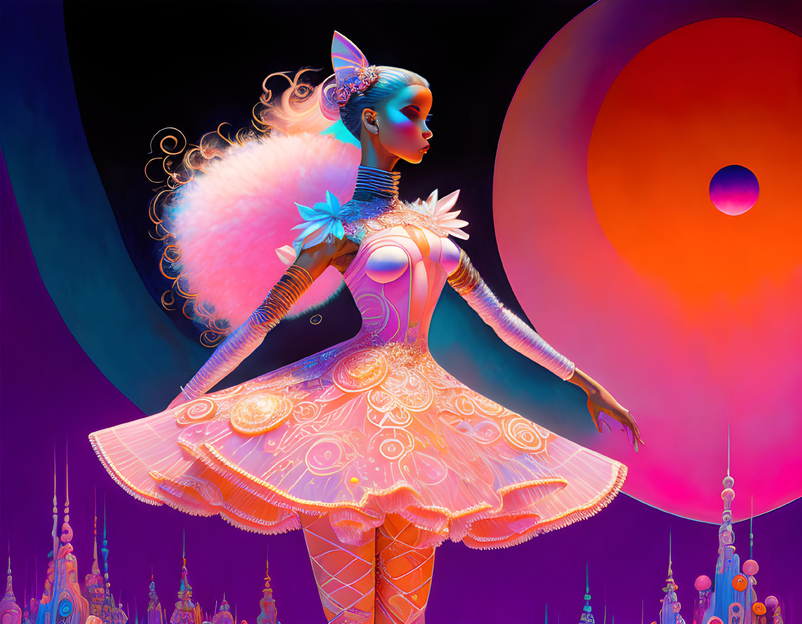 Futuristic digital artwork of blue-skinned female in pink and white costume