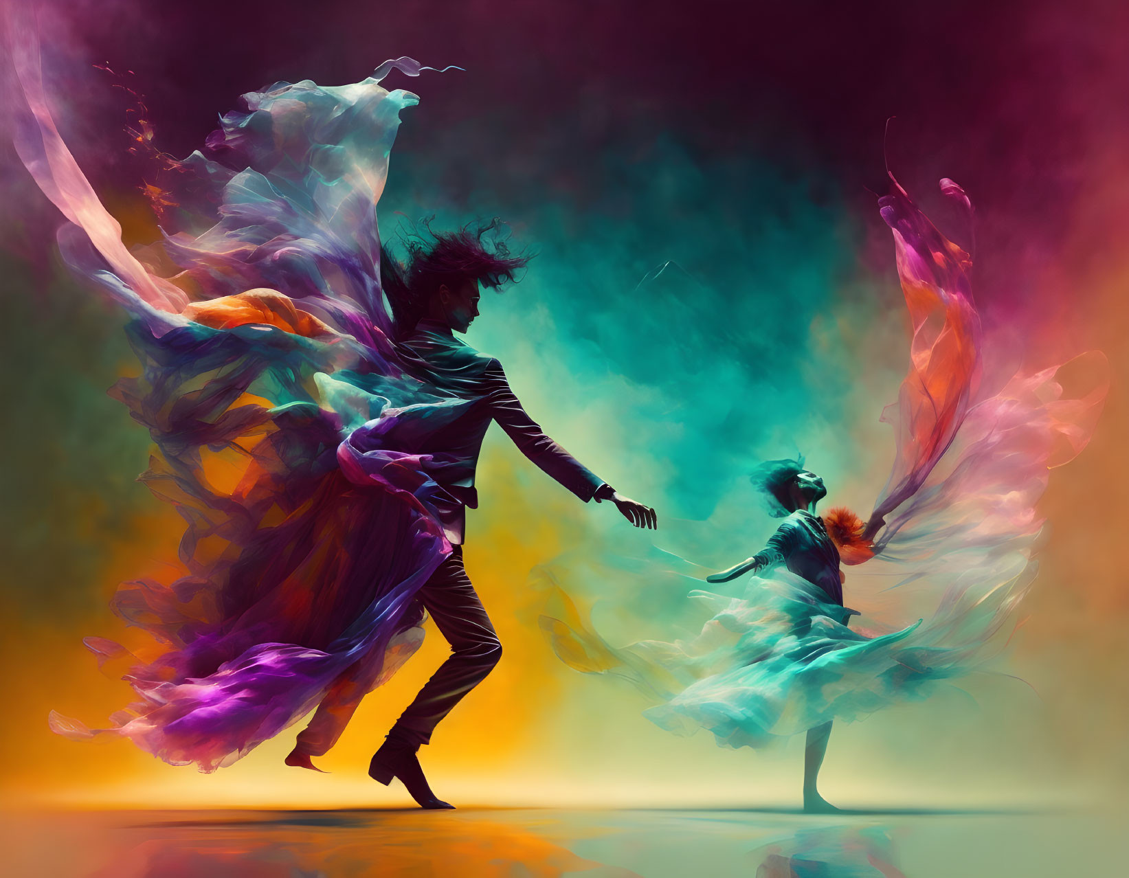 Dynamic dancers with vibrant swirling fabric on gradient background