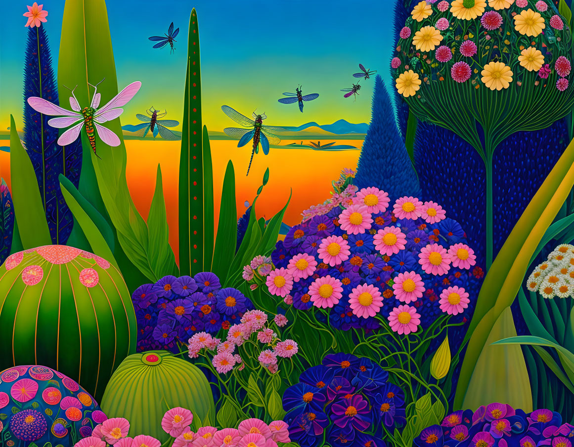 Vibrant sunset garden with colorful flowers, cacti, and dragonflies