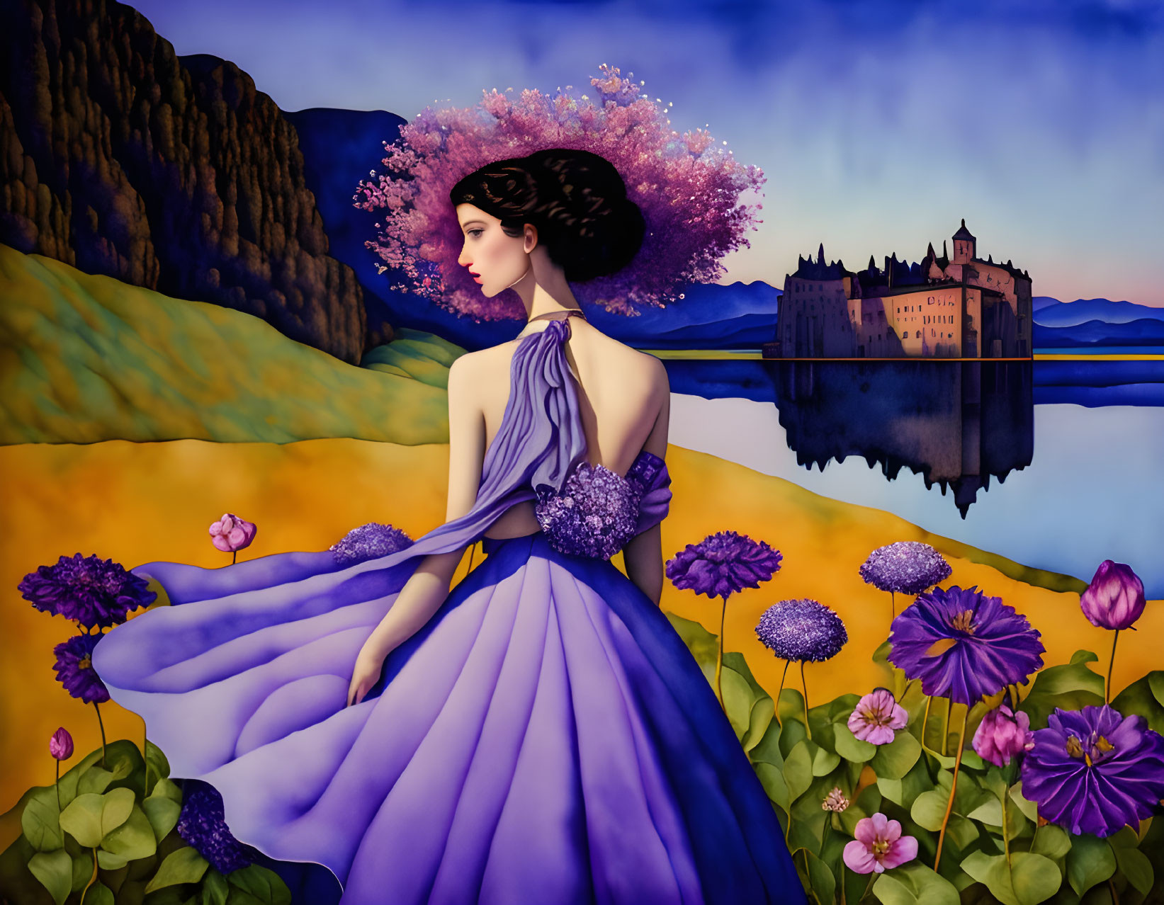 Illustration of woman in purple gown by lake with castle.