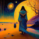 Cloaked figure by surreal sea with oversized moons at sunset