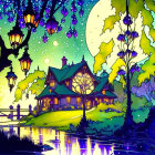 Whimsical cottage by tranquil pond at night with hanging lanterns