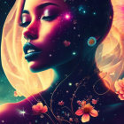 Colorful surreal portrait of a woman with cosmic and floral elements