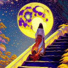 Person in robe climbs steps under vivid moon and starry sky with orbs and purple trees