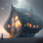 Futuristic floating structure in misty landscape with figures in long robes