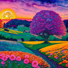 Colorful Sunset Landscape with Rolling Hills, Blooming Flowers, Tree, and Figure