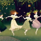 Five women in green dresses dancing in whimsical forest with yellow orbs and butterflies