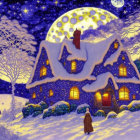 Snowy scene: Two figures near cozy, snow-covered house under starry sky with ornate moon